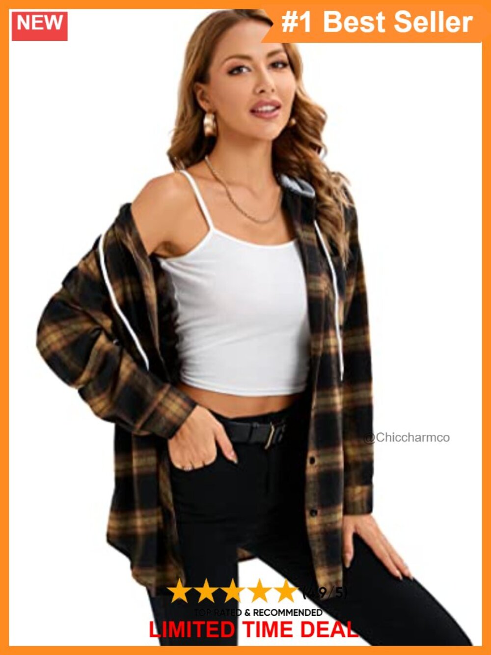 Plaid Flannel Shirt Hoodie Oversized Button Down Long Sleeve Blouse